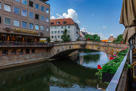 Nuremberg, Germany - July 19, 2023: Famous view of old town on Pegnitz River Nuremberg in Franconia, Bavaria, Germany. Beautiful panoramic view of historical center of Nurnbergのeditorial素材