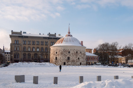 Vyborg, Russia - February 20, 2023: View of Market Square with old Round Tower, Vyborg, Russiaのeditorial素材