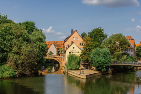 Nuremberg, Germany - July 19, 2023: Famous view of old town on Pegnitz River Nuremberg in Franconia, Bavaria, Germany. Beautiful panoramic view of historical center of Nurnbergのeditorial素材