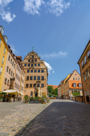 Nuremberg, Germany - July 19, 2023: Beautiful well-groomed streets of old town. View of historical center of Nuremberg, Franconia, Bavariaのeditorial素材