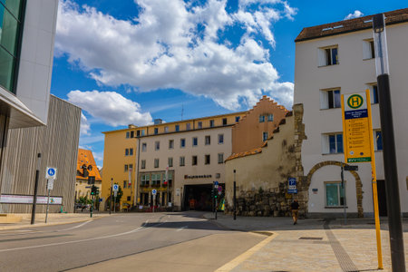Regensburg, Germany - July 20, 2023: Colorful houses in old streets of Regensburg, eastern Bavaria, Germany.のeditorial素材