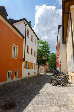 Regensburg, Germany - July 20, 2023: Colorful houses in old streets of Regensburg, eastern Bavaria, Germany.のeditorial素材