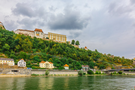 Passau, Germany - July 21, 2023: Panoramic view castle Veste Oberhaus on river Danube. Antique fortress in Passau, Lower Bavaria, Germanyのeditorial素材