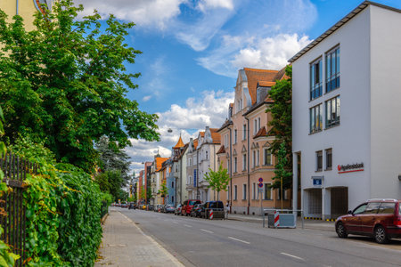 Regensburg, Germany - July 20, 2023: Colorful houses in old streets of Regensburg, eastern Bavaria, Germany.のeditorial素材
