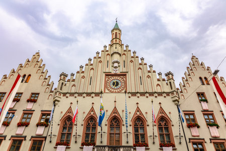 Landshut, Germany - July 24, 2023: Panoramic view of traditional colorful gothic houses in Old Town, Landshut, Bavaria, Germany.のeditorial素材