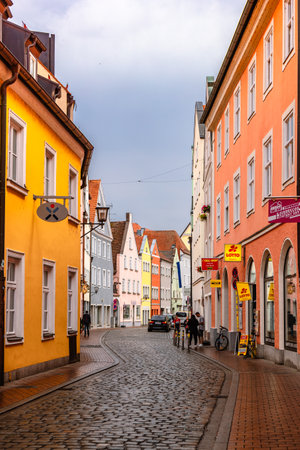 Landshut, Germany - July 24, 2023: Panoramic view of traditional colorful gothic houses in Old Town, Landshut, Bavaria, Germany. Vertical photoのeditorial素材