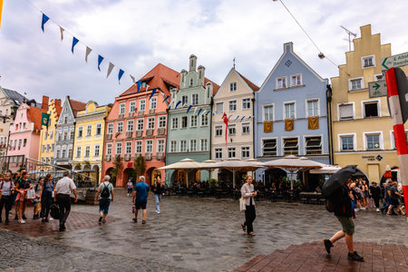 Landshut, Germany - July 24, 2023: Panoramic view of traditional colorful gothic houses in Old Town, Landshut, Bavaria, Germany.のeditorial素材