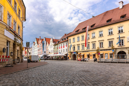 Landshut, Germany - July 24, 2023: Panoramic view of traditional colorful gothic houses in Old Town, Landshut, Bavaria, Germany.のeditorial素材