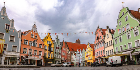 Landshut, Germany - July 24, 2023: Panoramic view of traditional colorful gothic houses in Old Town, Landshut, Bavaria, Germany.のeditorial素材