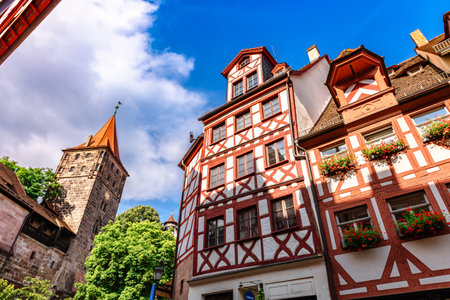 Nuremberg, Germany - July 30, 2023: View of Albrecht Durers House in Tirgertnertor square. Old town architecture with facade of medieval buildings, Nuremberg, Bavaria, Germany.のeditorial素材