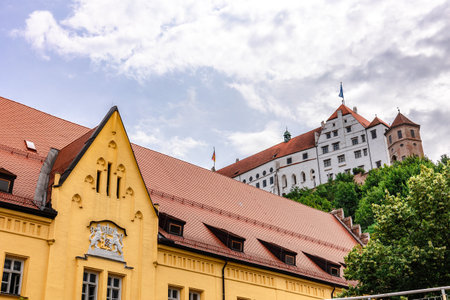 Landshut, Germany - July 24, 2023: Panoramic view of traditional colorful gothic houses in Old Town, Landshut, Bavaria, Germany.のeditorial素材