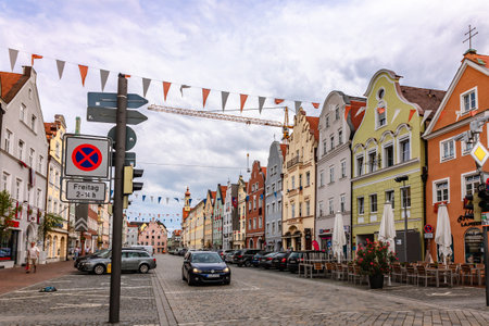 Landshut, Germany - July 24, 2023: Panoramic view of traditional colorful gothic houses in Old Town, Landshut, Bavaria, Germany.のeditorial素材