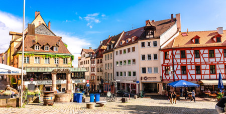 Nuremberg, Germany - July 30, 2023: View of Albrecht Durers House in Tirgertnertor square. Old town architecture with facade of medieval buildings, Nuremberg, Bavaria, Germany.のeditorial素材