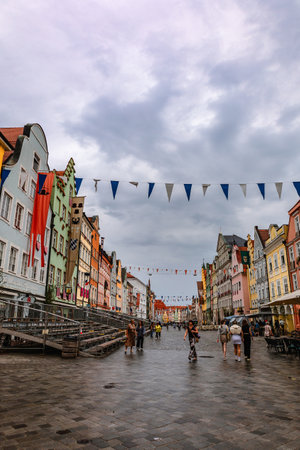 Landshut, Germany - July 24, 2023: Panoramic view of traditional colorful gothic houses in Old Town, Landshut, Bavaria, Germany. Vertical photoのeditorial素材