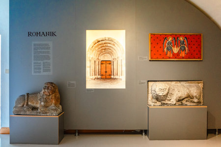 Passau, Germany - July 21, 2023: Veste Oberhaus castle inside. Halls and galleries of museum with paintings, frescoes and exhibits. Beautiful room interiors, Passau, Germany.のeditorial素材