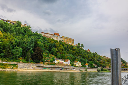 Passau, Germany - July 21, 2023: Panoramic view castle Veste Oberhaus on river Danube. Antique fortress in Passau, Lower Bavaria, Germanyのeditorial素材