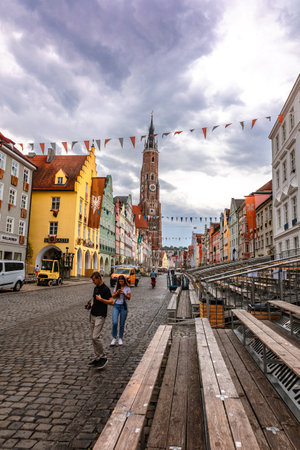 Landshut, Germany - July 24, 2023: Panoramic view of traditional colorful gothic houses in Old Town, Landshut, Bavaria, Germany. Vertical photoのeditorial素材