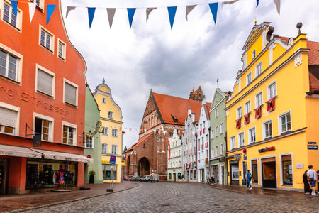 Landshut, Germany - July 24, 2023: Panoramic view of traditional colorful gothic houses in Old Town, Landshut, Bavaria, Germany.のeditorial素材