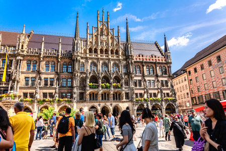 Munich, Germany - July 22, 2023: Panoramic view of Marienplatz town hall of Marien Square in Munich, Bavaria, Germanyのeditorial素材