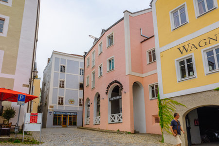 Passau, Germany - July 21, 2023: View of colorful houses on srteet, Passau, Bavaria, Germany.のeditorial素材