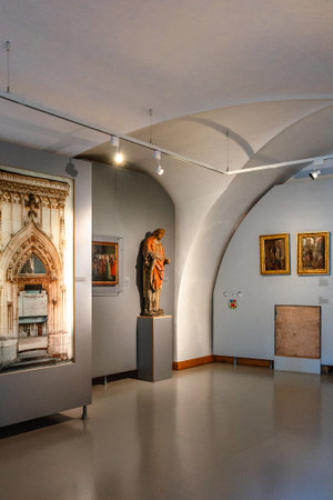 Passau, Germany - July 21, 2023: Veste Oberhaus castle inside. Halls and galleries of museum with paintings, frescoes and exhibits. Beautiful room interiors, Passau, Germany. Vertical photoのeditorial素材