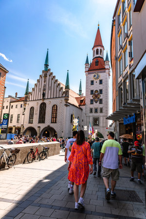 Munich, Germany - July 22, 2023: Panoramic view of Old Town Hall at Marienplatz Square in Munich, Bavaria, Germanyのeditorial素材