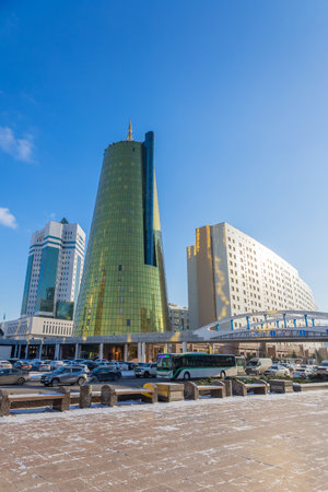 Astana, Kazakhstan - November 23, 2022: Panoramic view of Ak Orda Presidential Palace on Talan Towers of Astana. Urban landscape of sunny winter day in city, Nur-Sultan, Kazakhstan. High quality photoのeditorial素材
