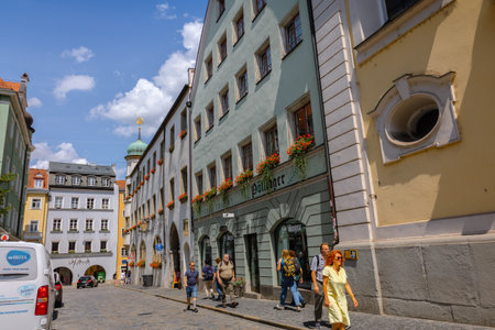 Regensburg, Germany - July 20, 2023: Colorful houses in old streets of Regensburg, eastern Bavaria, Germany.のeditorial素材