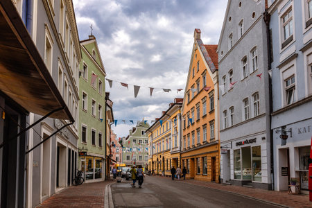 Landshut, Germany - July 24, 2023: Panoramic view of traditional colorful gothic houses in Old Town, Landshut, Bavaria, Germany.のeditorial素材