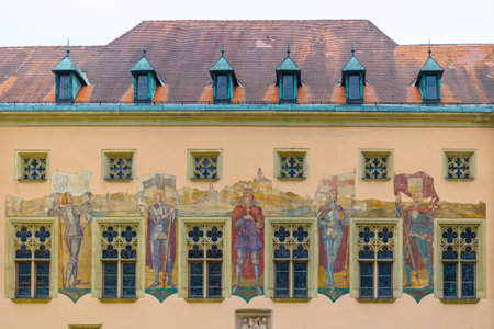 Passau, Germany - July 21, 2023: Colorful fasade of old medieval house, Passau, Bavaria, Germany.のeditorial素材