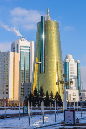 Astana, Kazakhstan - November 23, 2022: Panoramic view of Ak Orda Presidential Palace on Talan Towers of Astana. Urban landscape of sunny winter day in city, Nur-Sultan, Kazakhstan. High quality photoのeditorial素材