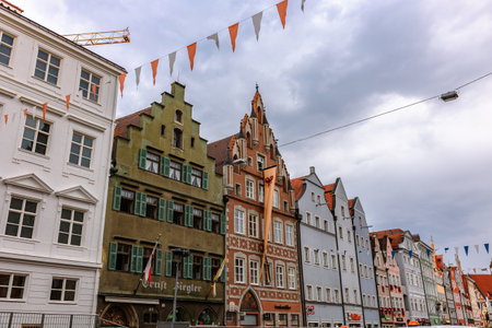 Landshut, Germany - July 24, 2023: Panoramic view of traditional colorful gothic houses in Old Town, Landshut, Bavaria, Germany.のeditorial素材