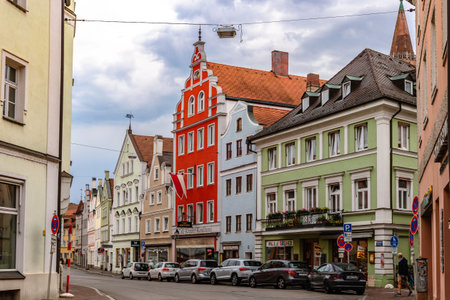 Landshut, Germany - July 24, 2023: Panoramic view of traditional colorful gothic houses in Old Town, Landshut, Bavaria, Germany.のeditorial素材