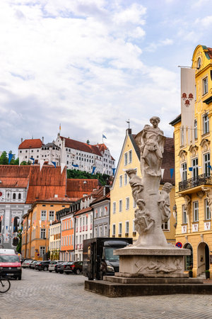 Landshut, Germany - July 24, 2023: Panoramic view of traditional colorful gothic houses in Old Town, Landshut, Bavaria, Germany. Vertical photoのeditorial素材