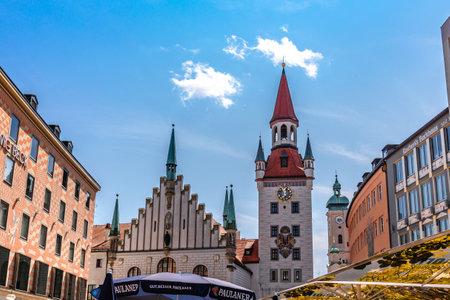Munich, Germany - July 22, 2023: Panoramic view of Old Town Hall at Marienplatz Square in Munich, Bavaria, Germanyのeditorial素材