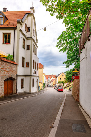 Landshut, Germany - July 24, 2023: Panoramic view of traditional colorful gothic houses in Old Town, Landshut, Bavaria, Germany.のeditorial素材
