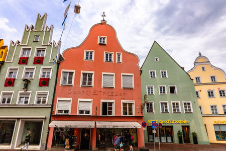 Landshut, Germany - July 24, 2023: Panoramic view of traditional colorful gothic houses in Old Town, Landshut, Bavaria, Germany.のeditorial素材