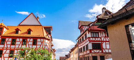 Nuremberg, Germany - July 30, 2023: View of Albrecht Durers House in Tirgertnertor square. Old town architecture with facade of medieval buildings, Nuremberg, Bavaria, Germany.のeditorial素材