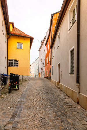Passau, Germany - July 21, 2023: View of Beautiful and cozy city. Colorful houses on srteets, Passau, Bavaria, Germany. Vertical photoのeditorial素材