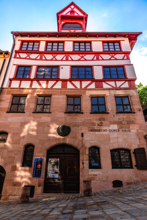 Nuremberg, Germany - July 30, 2023: View of Albrecht Durers House in Tirgertnertor square. Old town architecture with facade of medieval buildings, Nuremberg, Bavaria, Germany.のeditorial素材