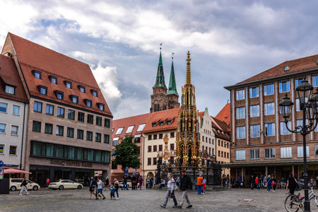Nuremberg, Germany - July 30, 2023: Famous view of old town on Hauptmarkt square in Nuremberg in Franconia, Bavaria, Germany.のeditorial素材