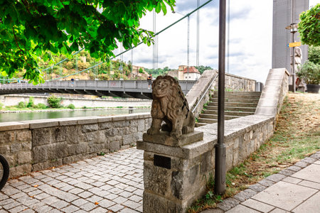 Passau, Germany - July 21, 2023: View of suspension bridge in Danube river. City life, urban studies, Bavaria, Germany.のeditorial素材