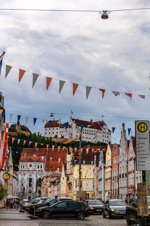 Landshut, Germany - July 24, 2023: Panoramic view of traditional colorful gothic houses in Old Town, Landshut, Bavaria, Germany. Vertical photoのeditorial素材