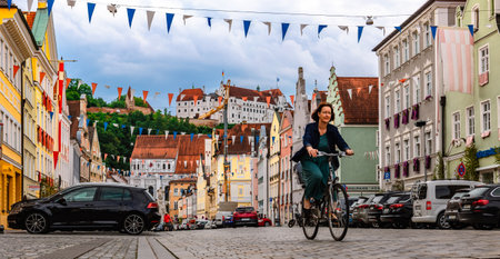 Landshut, Germany - July 24, 2023: Panoramic view of traditional colorful gothic houses in Old Town, Landshut, Bavaria, Germany.のeditorial素材