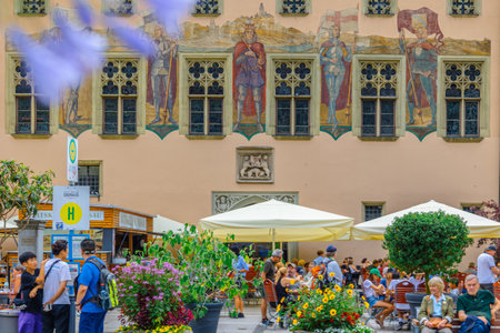 Passau, Germany - July 21, 2023: Colorful fasade of old medieval house, Passau, Bavaria, Germany.のeditorial素材