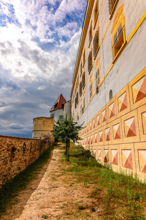 Passau, Germany - July 21, 2023: View of Veste Oberhaus castle. Inner courtyard of medieval castle with gates and arches, Passau, Germany.のeditorial素材
