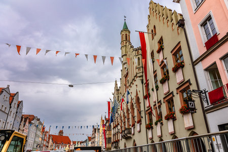 Landshut, Germany - July 24, 2023: Panoramic view of traditional colorful gothic houses in Old Town, Landshut, Bavaria, Germany.のeditorial素材
