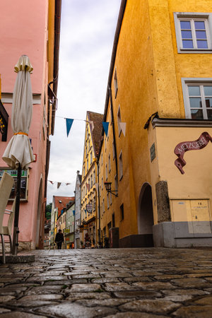 Landshut, Germany - July 24, 2023: Panoramic view of traditional colorful gothic houses in Old Town, Landshut, Bavaria, Germany. Vertical photoのeditorial素材