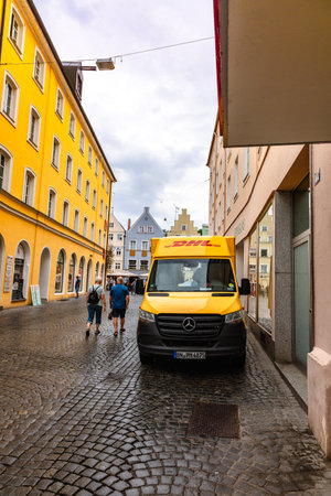 Landshut, Germany - July 24, 2023: Panoramic view of traditional colorful gothic houses in Old Town, Landshut, Bavaria, Germany.のeditorial素材