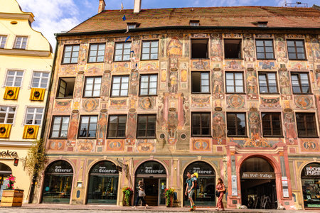 Landshut, Germany - July 24, 2023: Colorful fasade of old medieval house, Landshut, Bavaria, Germany.のeditorial素材